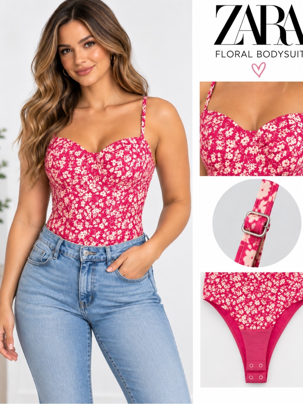 Zara Pink Floral Corset Bodysuit Sweetheart Neck Spaghetti Strap Size S